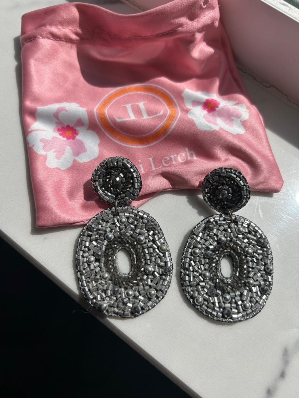 Lisi Lerch Silver Bead Drop Earrings - Oval Dangle